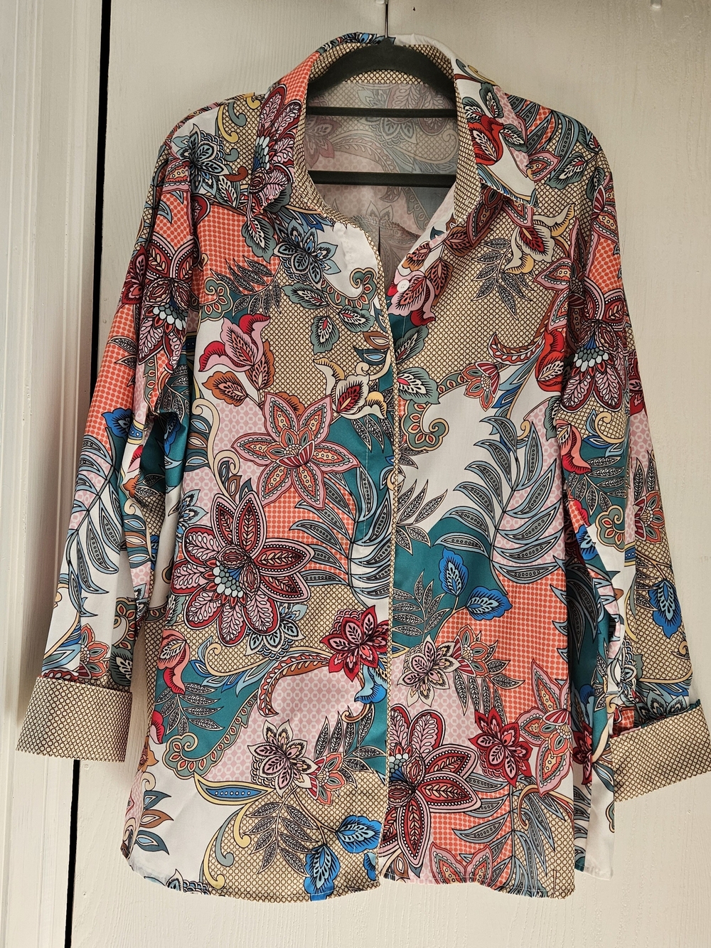 Cherry Betty Vibrant Floral Button-Up Shirt - Tan/Coral/Teal Paisley